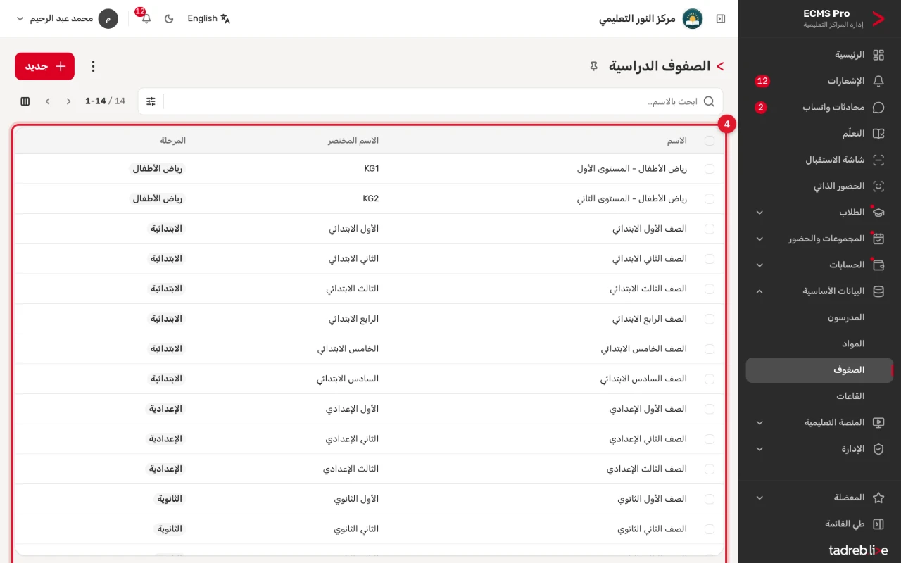 قائمة «الصفوف الدراسية»: كل صف باسمه واسمه المختصر ومرحلته، من رياض الأطفال إلى الثانوية
