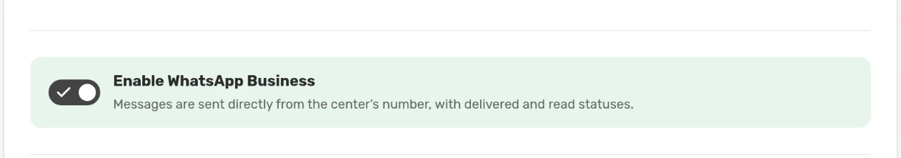Center settings → WhatsApp Business: automatic absence, marks and exam-result messages, portal codes and the daily limit of direct messages