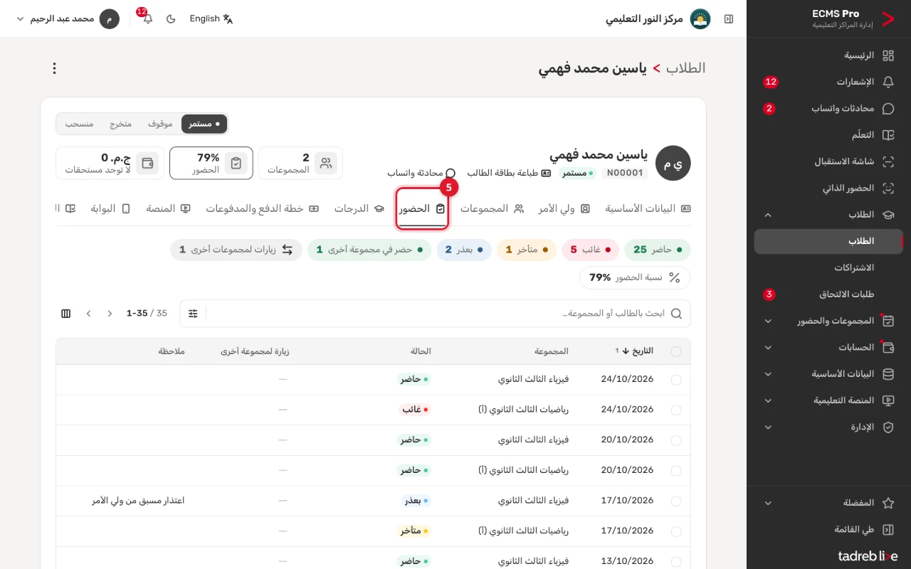 تبويب «الحضور»: عدد كل حالة ونسبة الحضور، وسجل الحصص بتاريخها ومجموعتها وحالتها