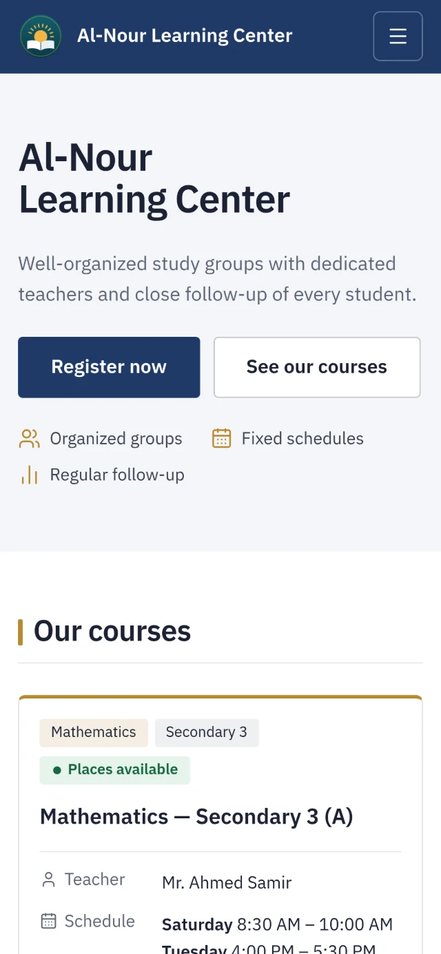 An education center’s website as visitors see it on a phone