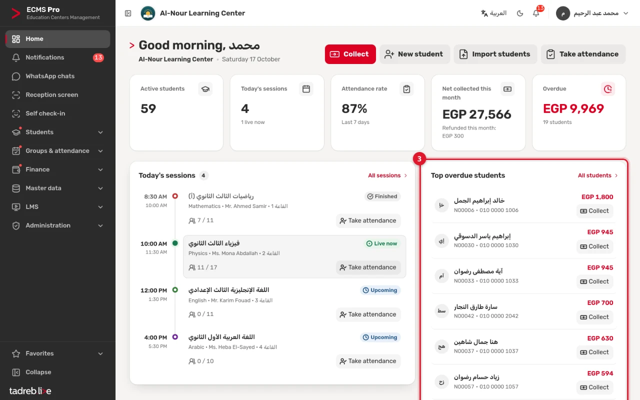 Top overdue students: each with the amount overdue, mobile number and code, and a Collect button
