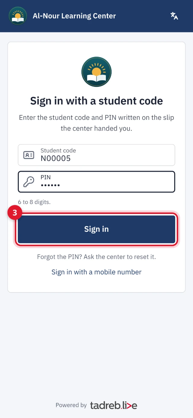 Sign in with a student code: the student code and PIN from the slip, and the Sign in button