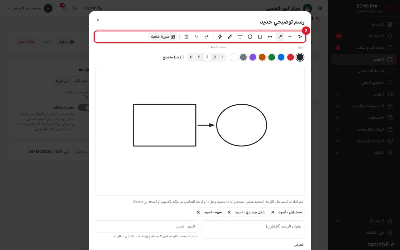 نافذة «رسم توضيحي جديد»: الأدوات واللون وسُمك الخط، ومستطيل وسهم وشكل بيضاوي على اللوحة، و«النص البديل»