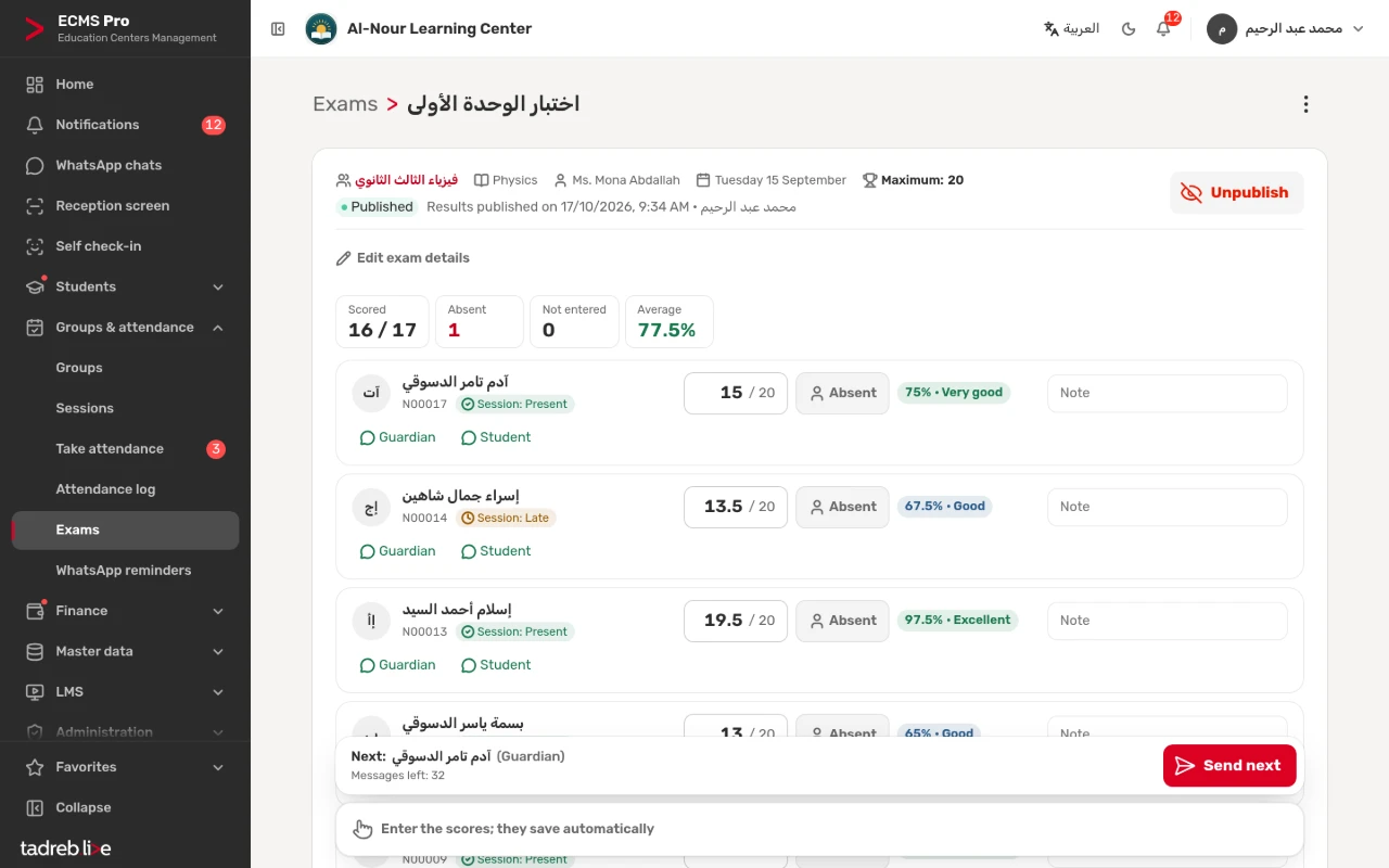 The physics exam’s score sheet with its results published, with each student’s percentage and rating