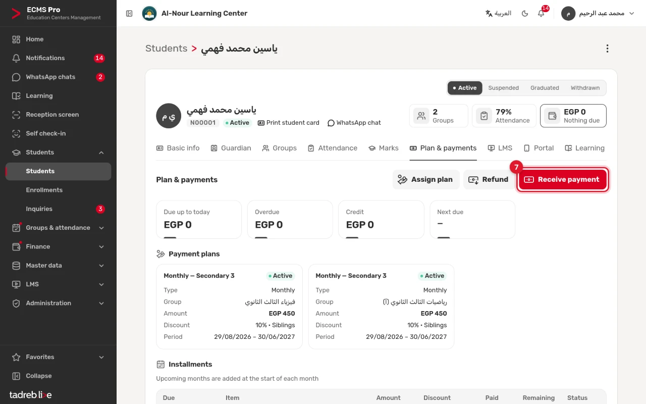 The Plan & payments tab: what is due, overdue and the credit, the two payment plans, and the Assign plan, Refund and Receive payment buttons