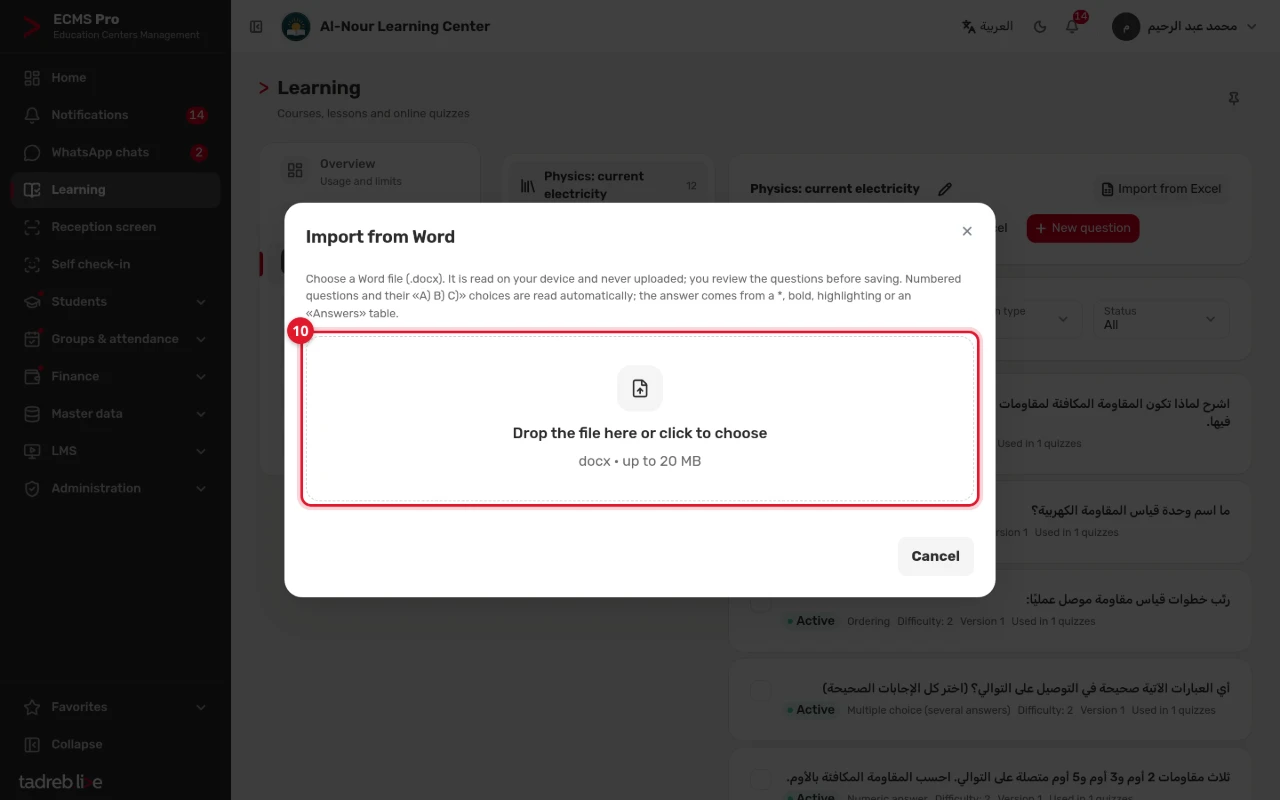 The Import from Word window: how to write the questions and answers, and where to choose the Word file