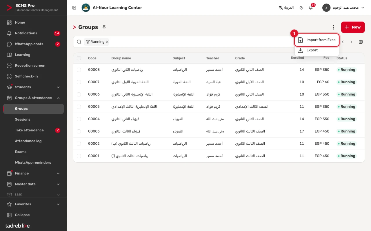 The Groups list, with the Actions menu open on Import from Excel and Export