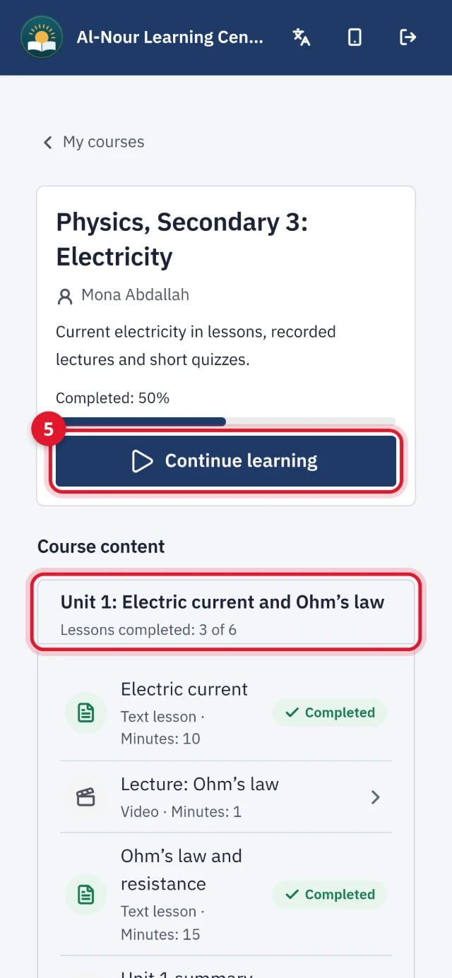 The course page on a phone: Completed, the Continue learning button, and Unit 1 with its lessons and those completed