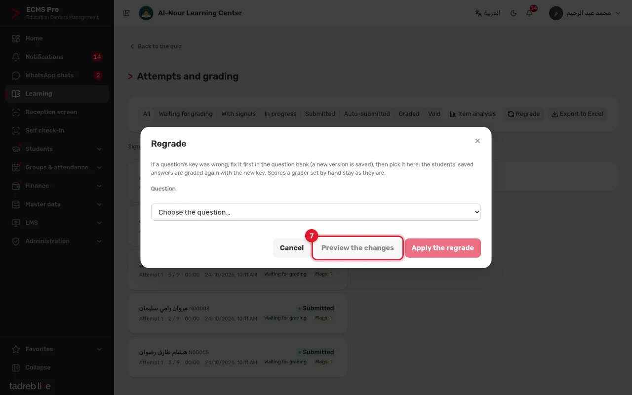 The Regrade window: choosing the question, Preview the changes and Apply the regrade