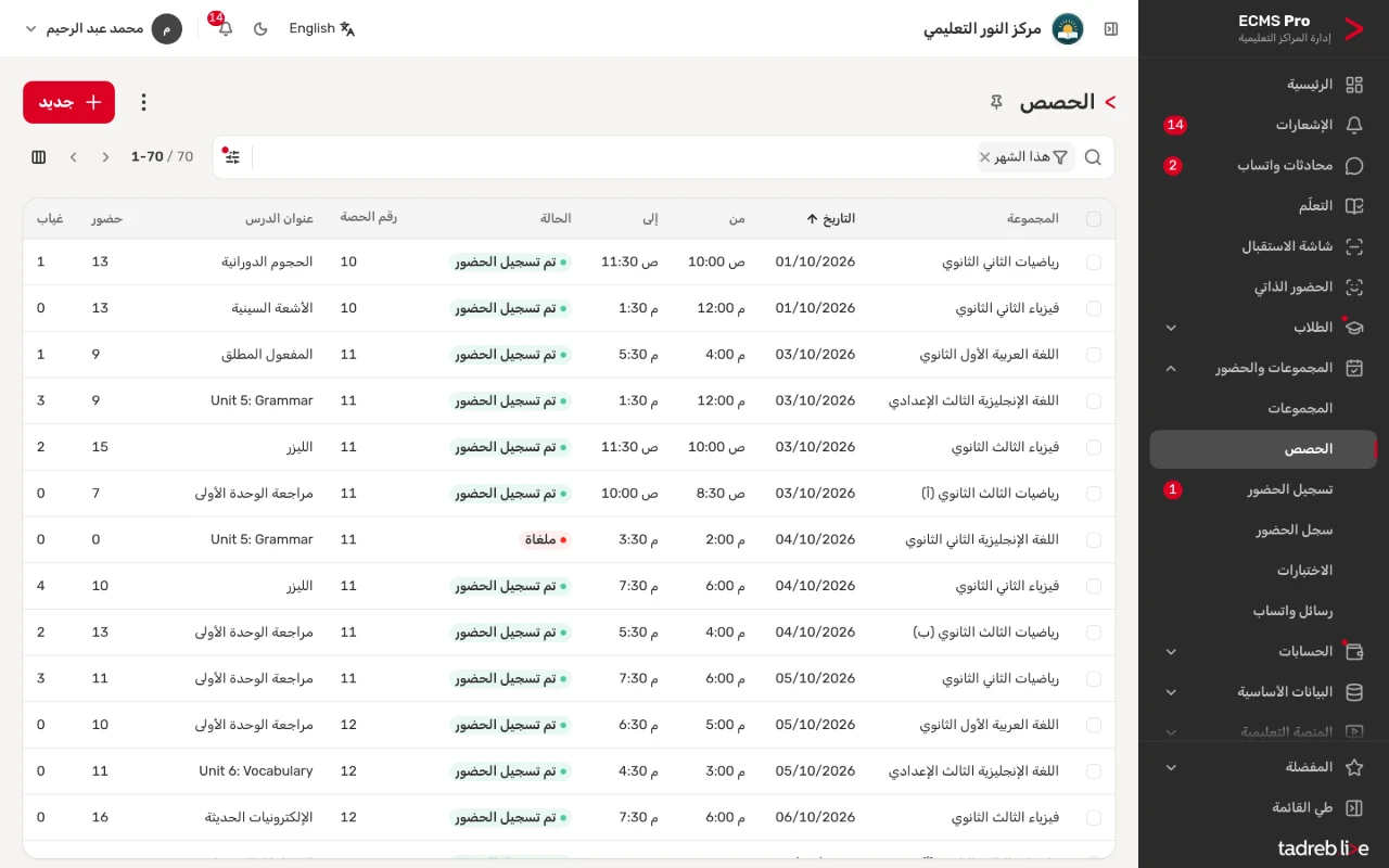 حصص هذا الشهر: المجموعة والتاريخ والوقت ورقم الحصة وعنوان الدرس والحضور والغياب