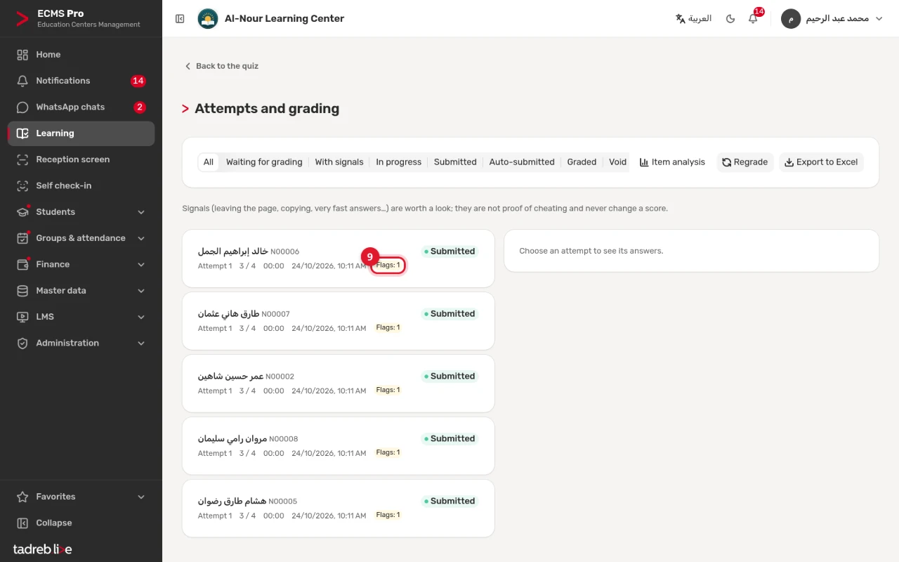 Attempts and grading: the status filters and With flags, and the short quiz’s attempts with their scores and flags